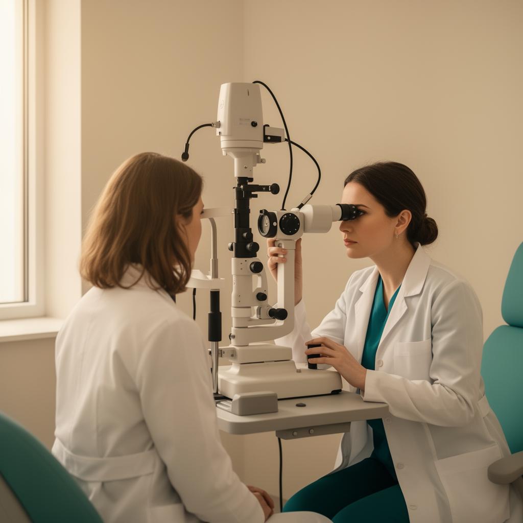 Oftalmologista realizando exame em paciente — toque para ampliar