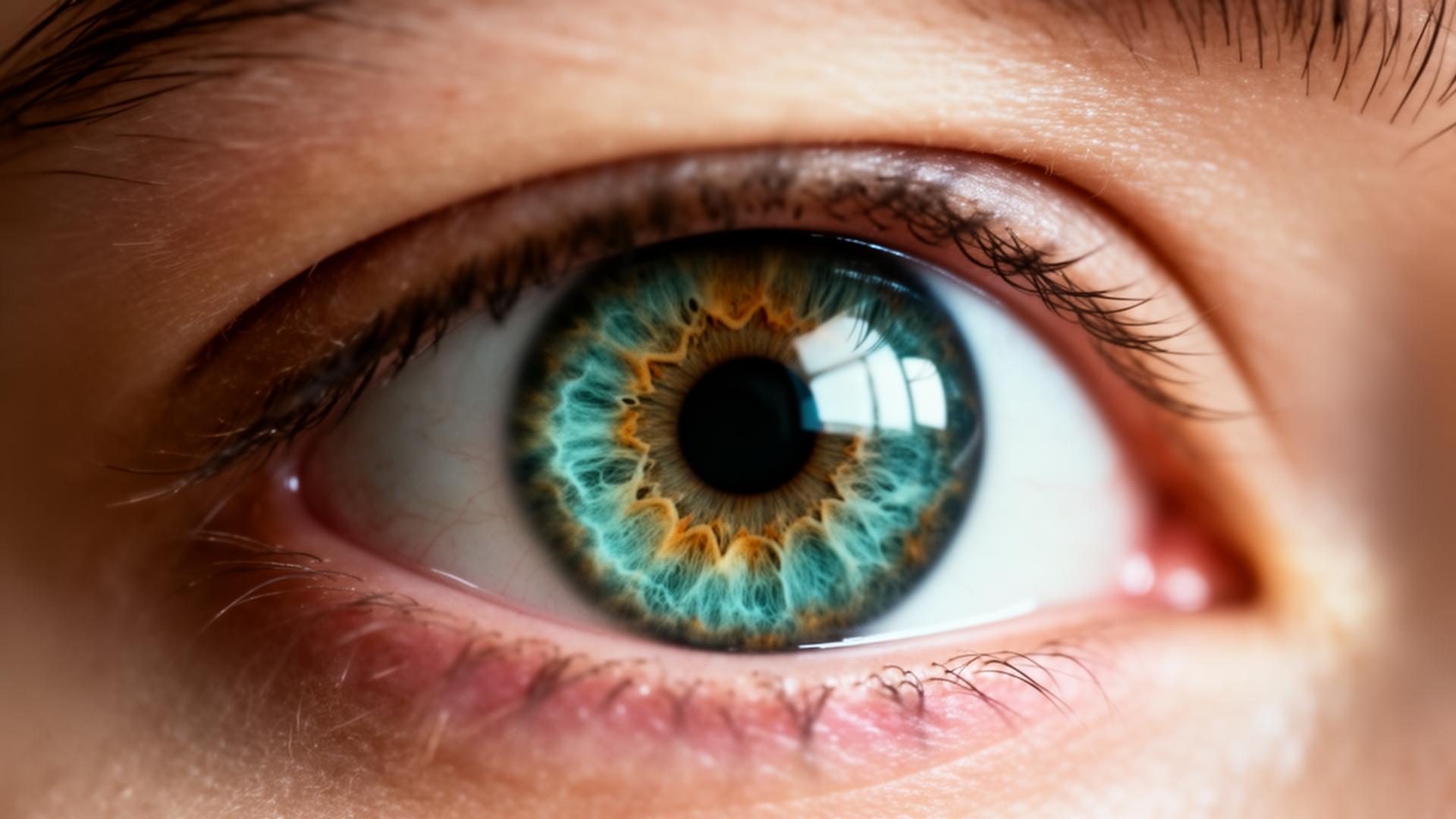 Close-up de um olho humano com íris detalhada — toque para ver em movimento