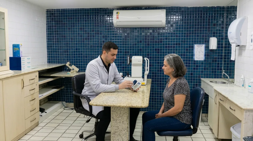 Mulher colocando lente de contato em frente ao espelho antes de sair para o trabalho